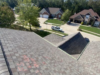 View from a roof over a suburban street with houses, trees, and a white SUV parked below.
