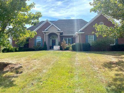 Brick suburban house with arched entry and green shutters, seen from a front lawn under a blue sky