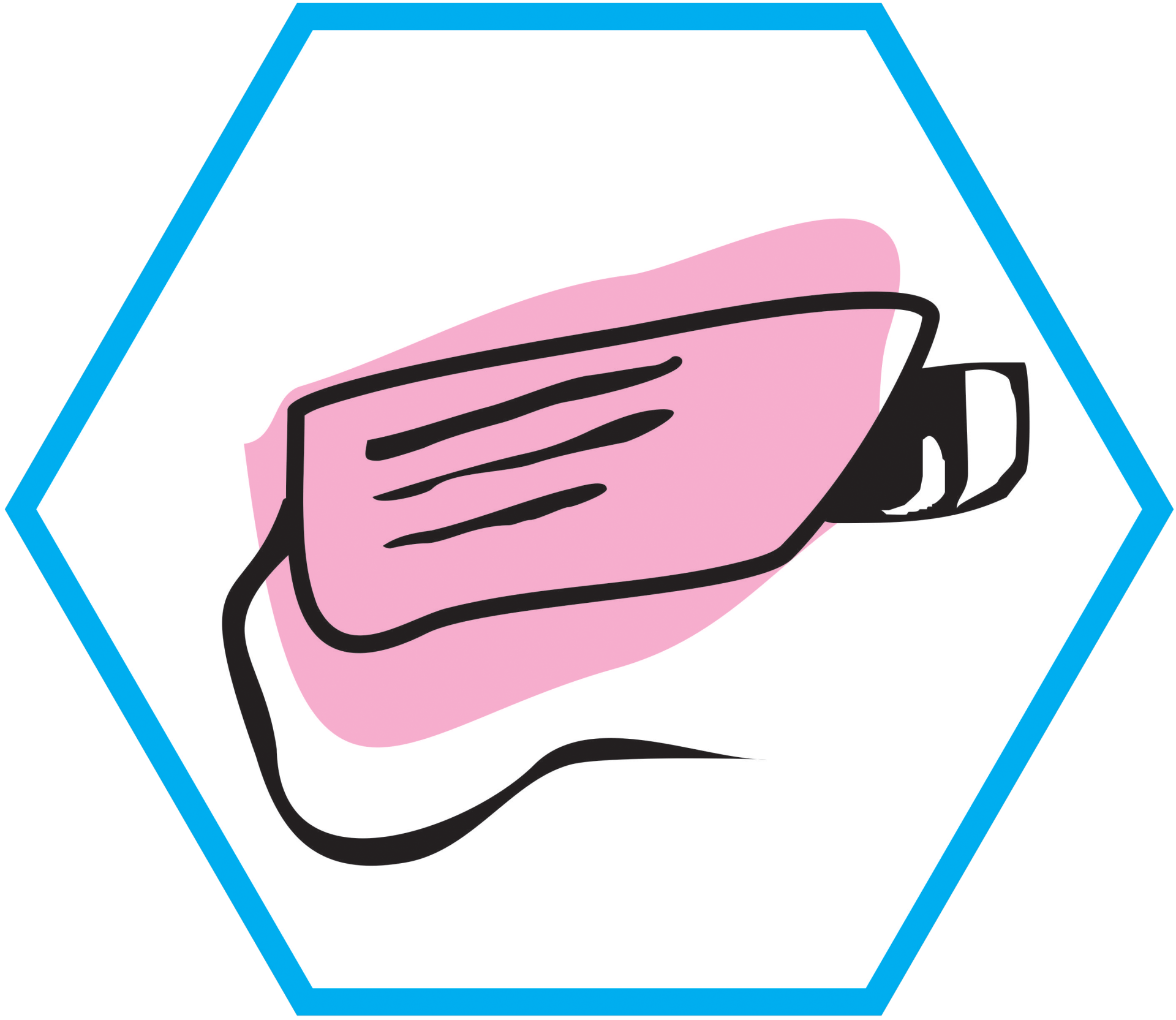 Illustrazione stilizzata e di colore rosa di una telecamera di sicurezza, centrata all'interno di una cornice esagonale blu.