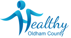 Healthy Oldham County logo with a blue abstract person and teal script text