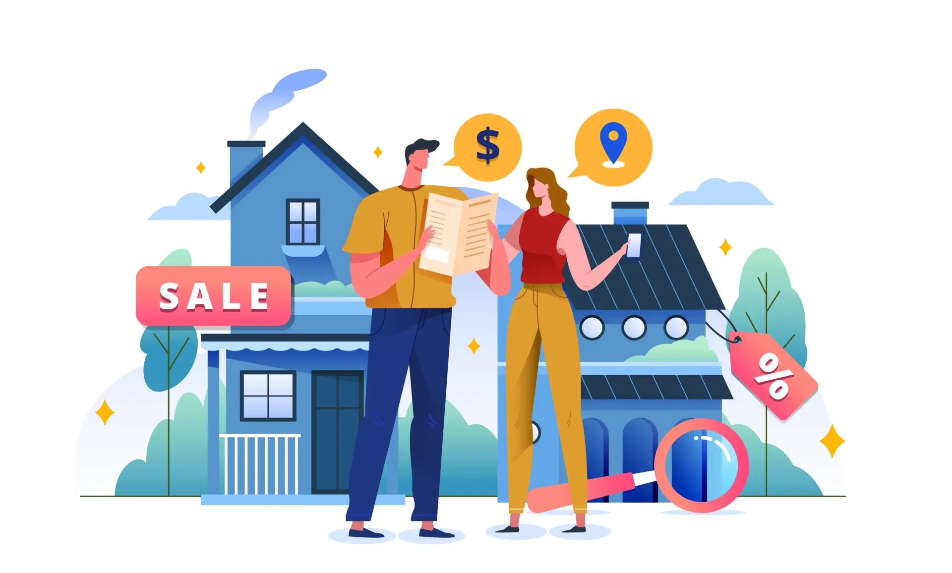A man and a woman are standing in front of a house for sale.