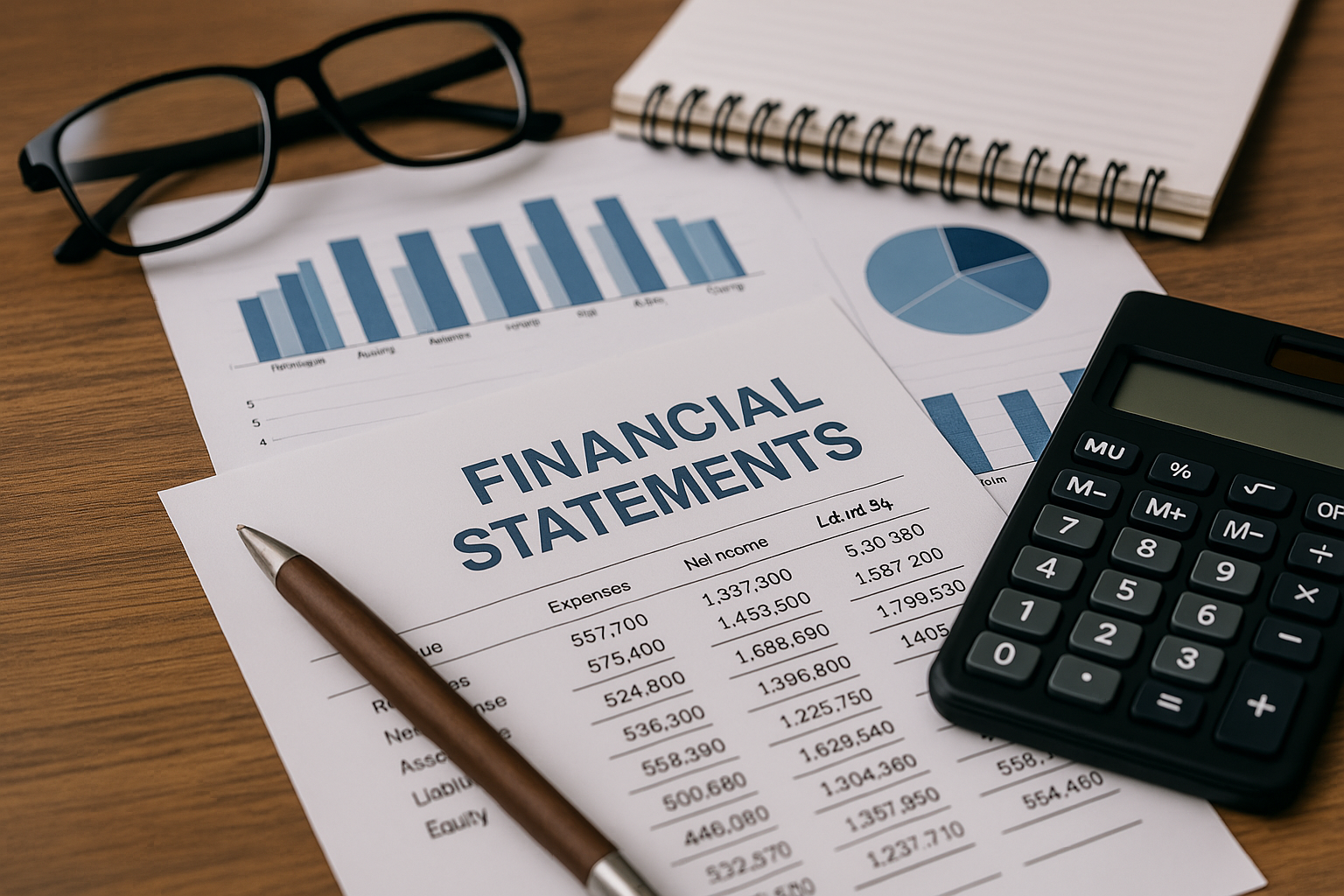 A calculator , pen , glasses and a notebook are on a table with financial statements.