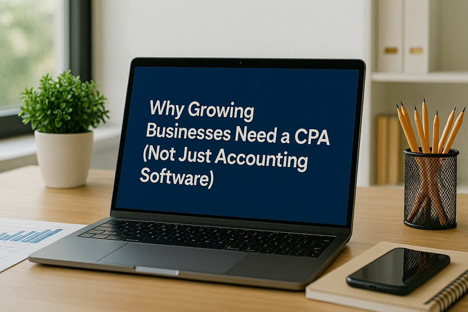 A laptop computer is open to a page that says why growing businesses need a cpa ( not just accounting software )