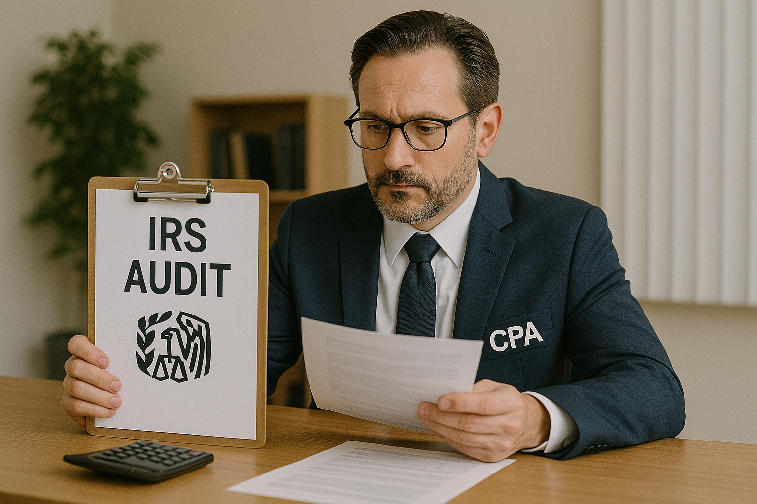 A man in a suit and tie is sitting at a desk holding a clipboard that says `` irs audit ''.