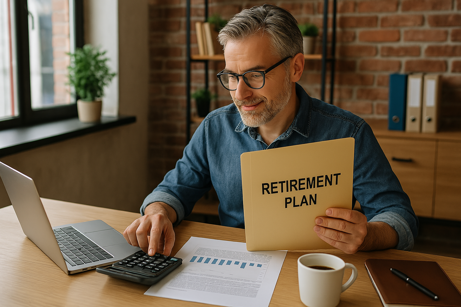 A man is sitting at a desk holding a retirement plan.