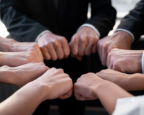 a group of people are putting their fists together in a circle .