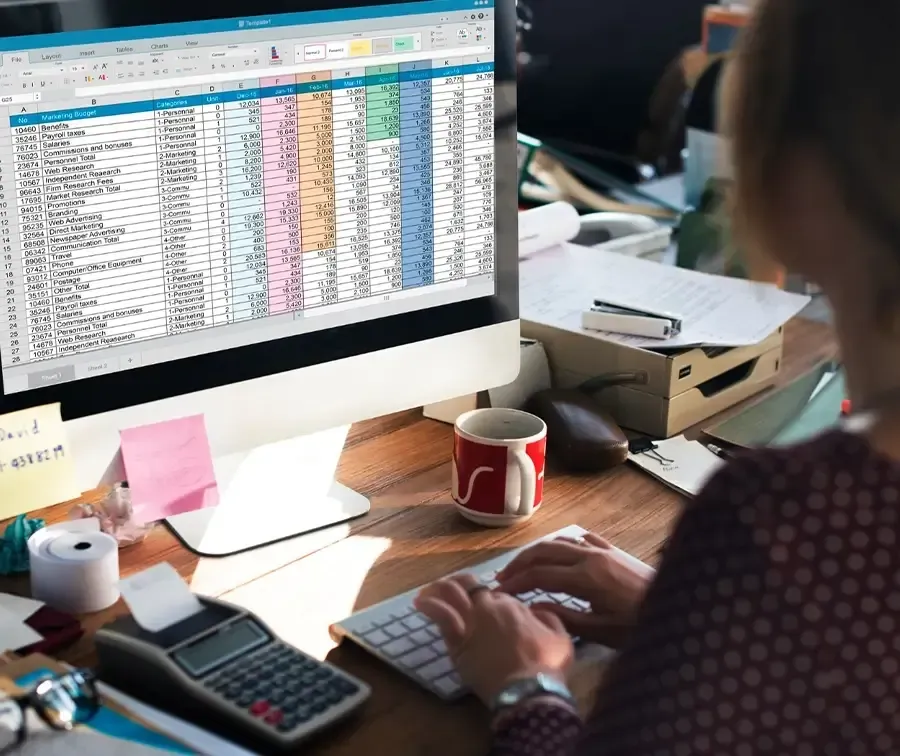 Woman working on spreadsheet document information about financial report.
