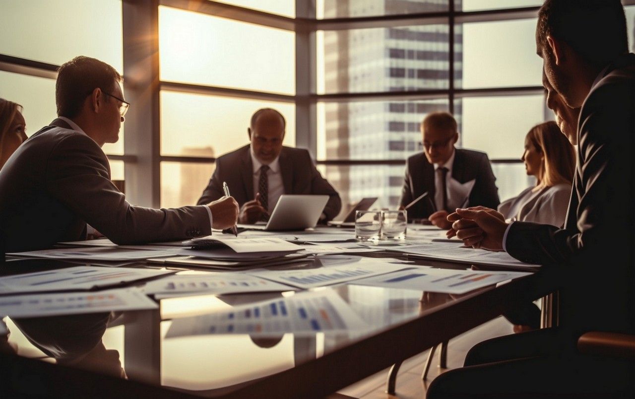 A group of business people are sitting around a table having a meeting.