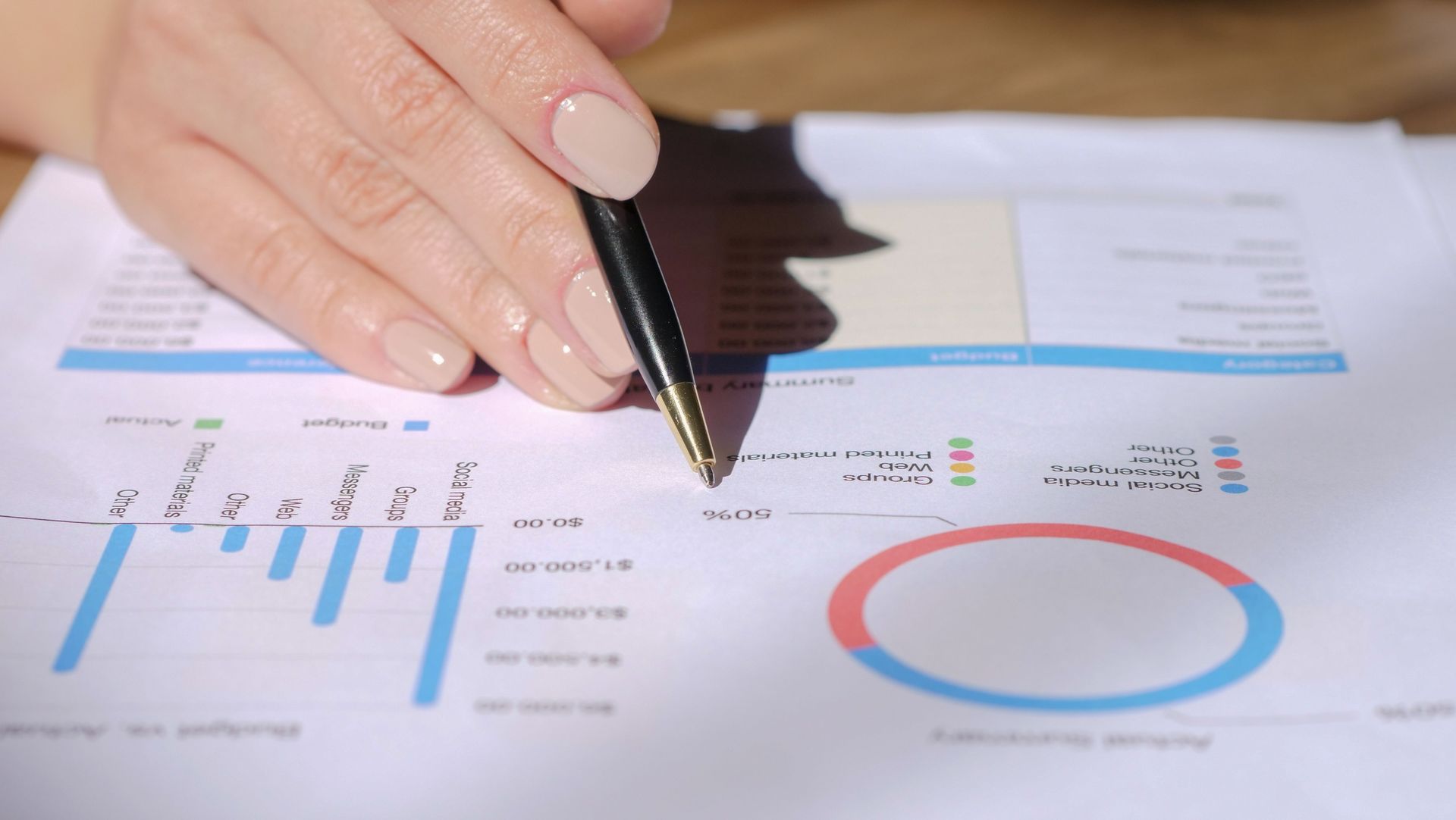 Hand holding a pen over financial charts and graphs on a report with blue and red visuals