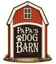 Red barn sign reading “Papa’s Dog Barn” with a paw print and cream trim
