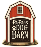 Red barn sign reading “Papa’s Dog Barn” with a paw print and cream trim