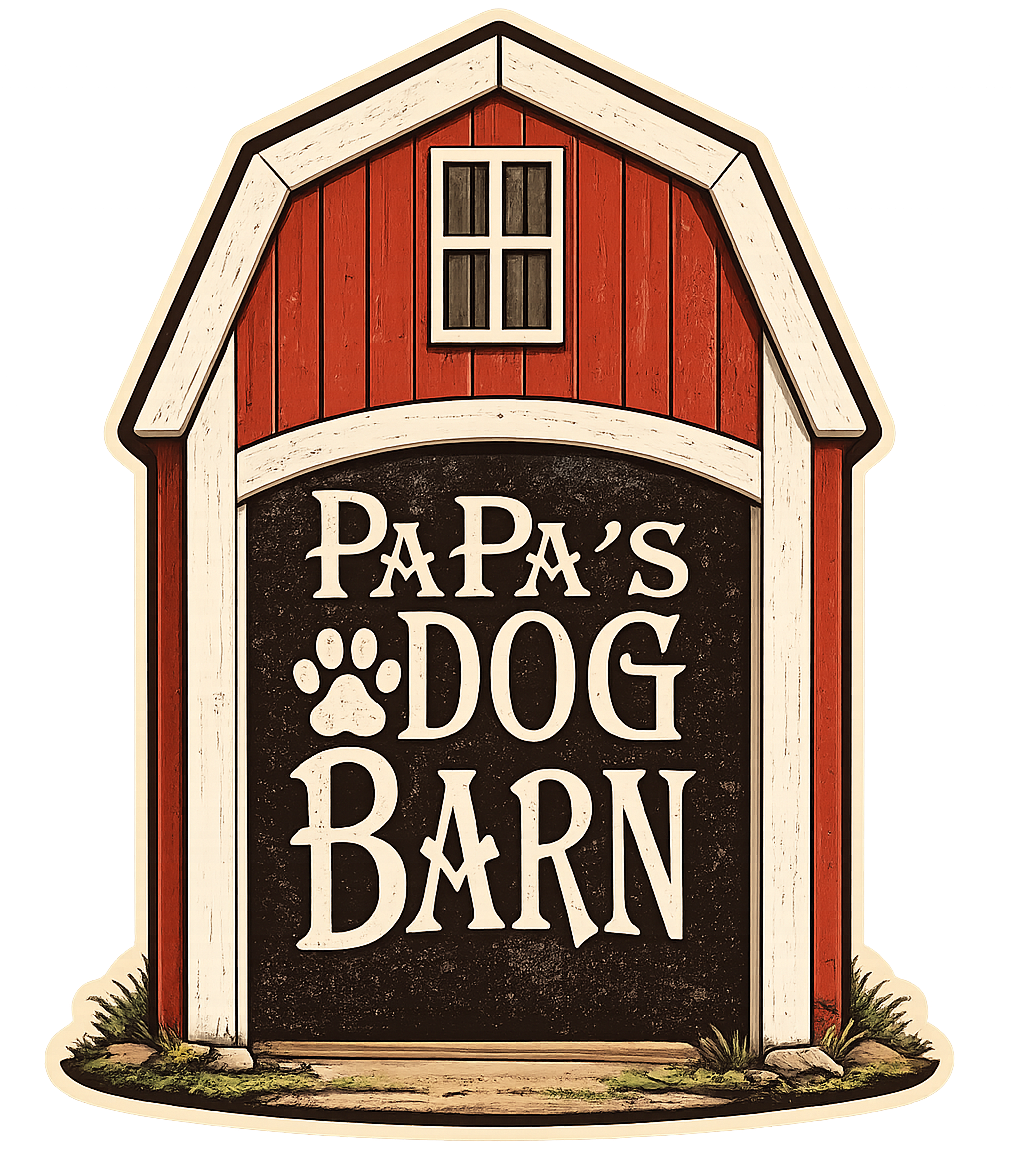 Red barn sign reading “Papa’s Dog Barn” with a paw print and cream trim