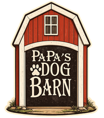 Red barn sign reading “Papa’s Dog Barn” with a paw print and cream trim