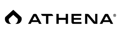 The athena logo is black and white and looks like a flame.