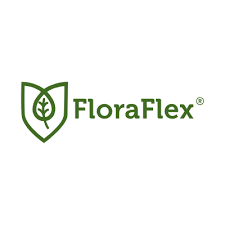 The logo for floraflex is a green shield with a leaf on it.