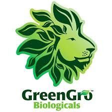 The logo for greengro biological is a lion with leaves on its mane.