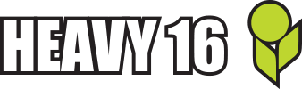 A logo for heavy 16 with a green leaf on a white background.