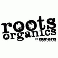 The logo for roots organics by aurora is black and white.