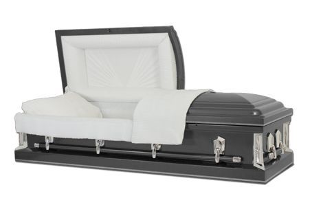 a black and white coffin with the lid open