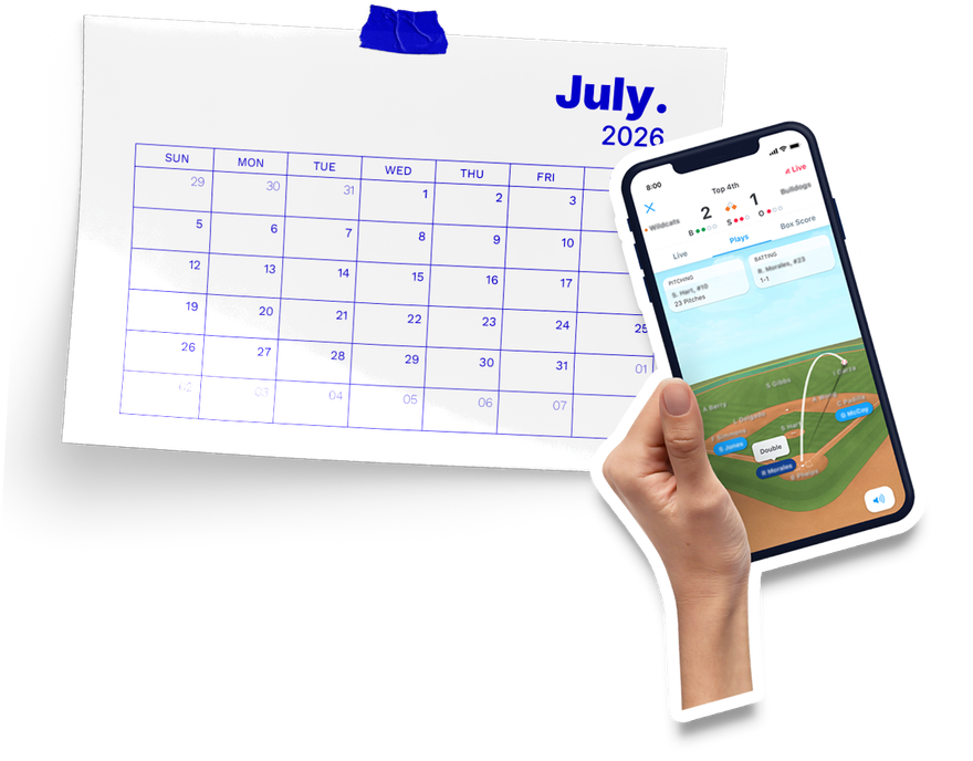 Calendar for July 2026 next to a hand holding a phone displaying a baseball field simulation.