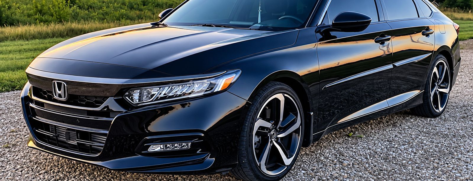 Black sedan parked outdoors, front three-quarter view on a gravel lot.