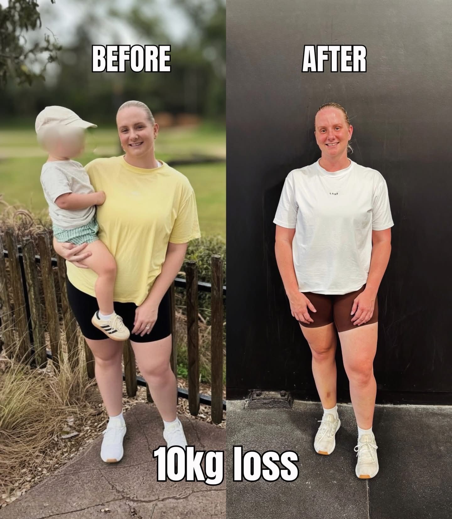 Before-and-after fitness photo: person holding child in yellow shirt, then slimmer in white shirt, labeled “10kg loss”