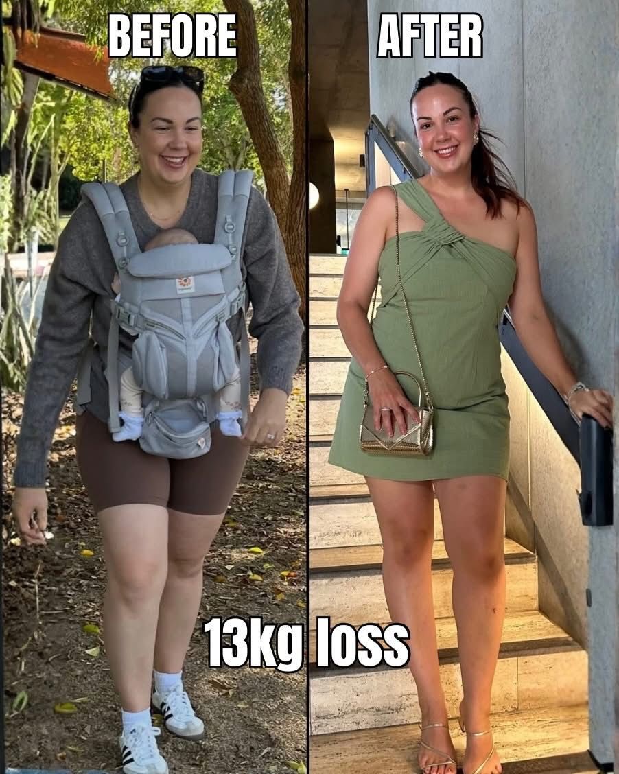 Before-and-after weight loss comparison: same woman outdoors, wearing a gray baby carrier and then a green dress, labeled 13kg loss