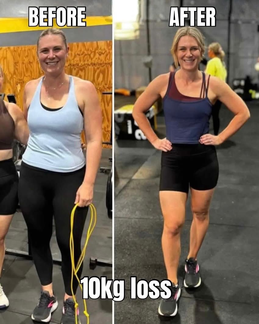 Before-and-after gym photo of a person showing 10kg weight loss, standing in workout clothes.