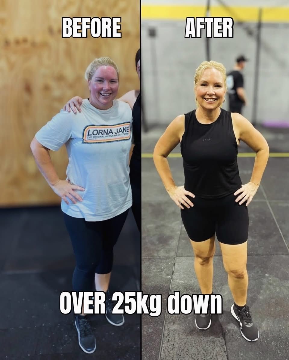 Before-and-after gym transformation: woman in workout clothes, with text “10kg loss.”