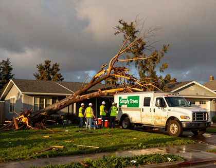 Workers and a utility truck clearing a fallen tree from a damaged house in a stormy neighborhood Workers and a utility truck clearing a fallen tree from a damaged house in a stormy neighborhood
