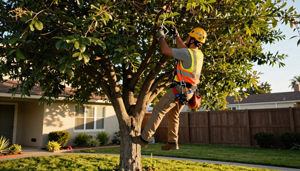 Person in a hard hat trimming a tree in a suburban yard with a chainsaw lift. Person in a hard hat trimming a tree in a suburban yard with a chainsaw lift.