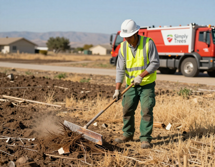 Worker in hard hat raking dry field near a utility truck in a suburban lot Worker in hard hat raking dry field near a utility truck in a suburban lot
