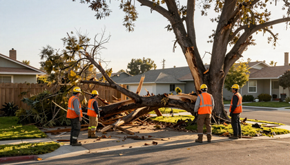 Workers in orange vests clear a fallen tree blocking a suburban street after a storm. Workers in orange vests clear a fallen tree blocking a suburban street after a storm.