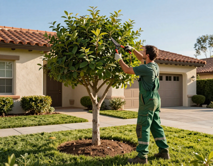 Gardener in green uniform pruning a small tree in a suburban front yard Gardener in green uniform pruning a small tree in a suburban front yard