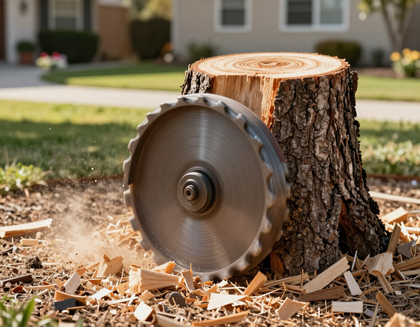 Chainsaw cutting through a tree stump, with wood chips scattering on the ground in a yard Chainsaw cutting through a tree stump, with wood chips scattering on the ground in a yard
