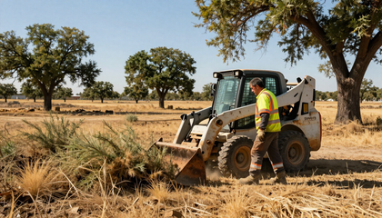 Worker operating a skid steer in a dry field with trees and brush piles nearby Worker operating a skid steer in a dry field with trees and brush piles nearby