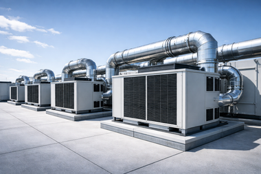 Row of large rooftop HVAC units with silver ductwork on a concrete industrial rooftop