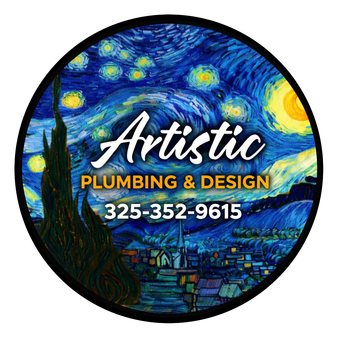 Artistic Plumbing & Design logo with phone number over a blue starry night landscape