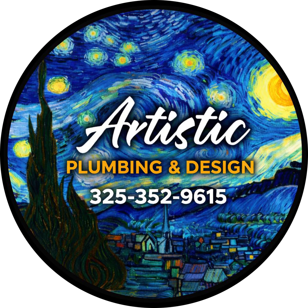 Artistic Plumbing & Design logo over a Starry Night-style blue and yellow background with phone number 325-352-9615