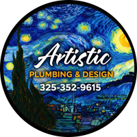 Artistic Plumbing & Design logo over a Starry Night-style blue and yellow background with phone number 325-352-9615
