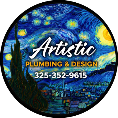 Artistic Plumbing & Design logo over a Starry Night-style blue and yellow background with phone number 325-352-9615