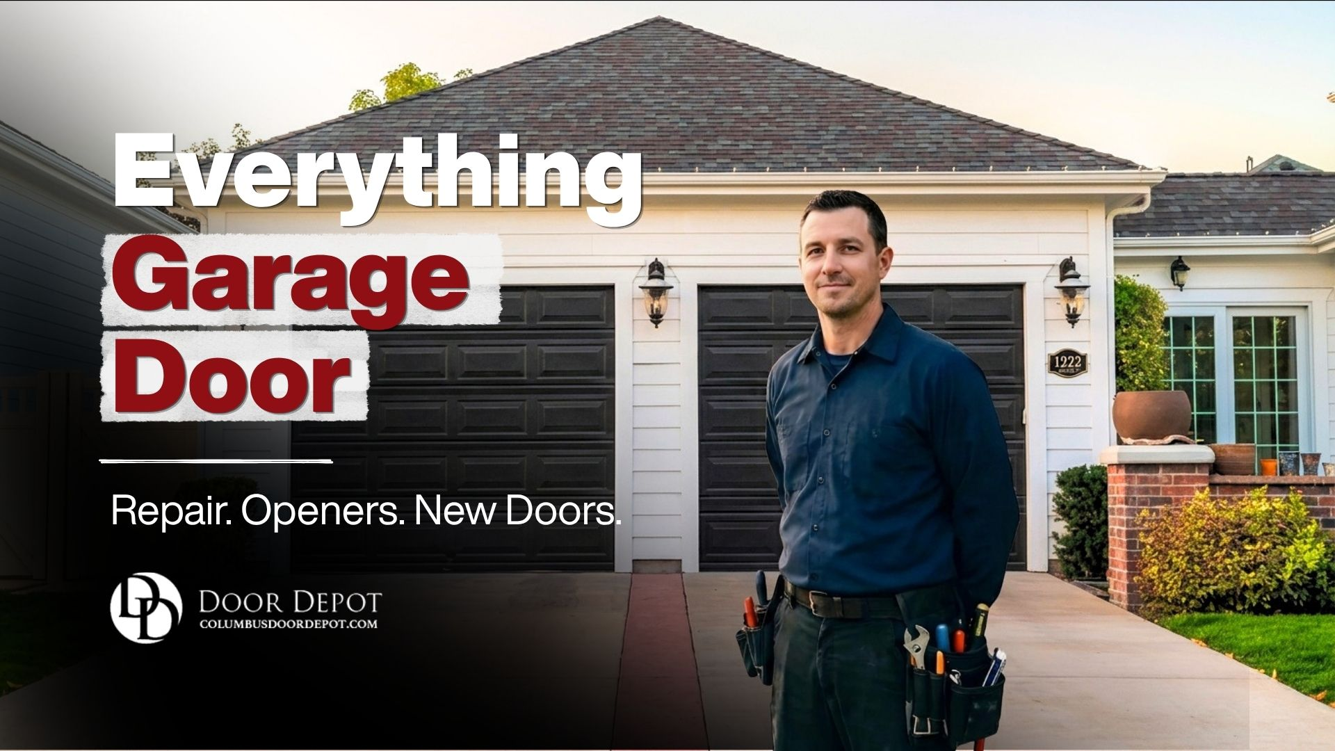 Technician in front of black garage doors