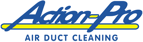 Logo for "Action-Pro Air Duct Cleaning" with blue text and a yellow underline.