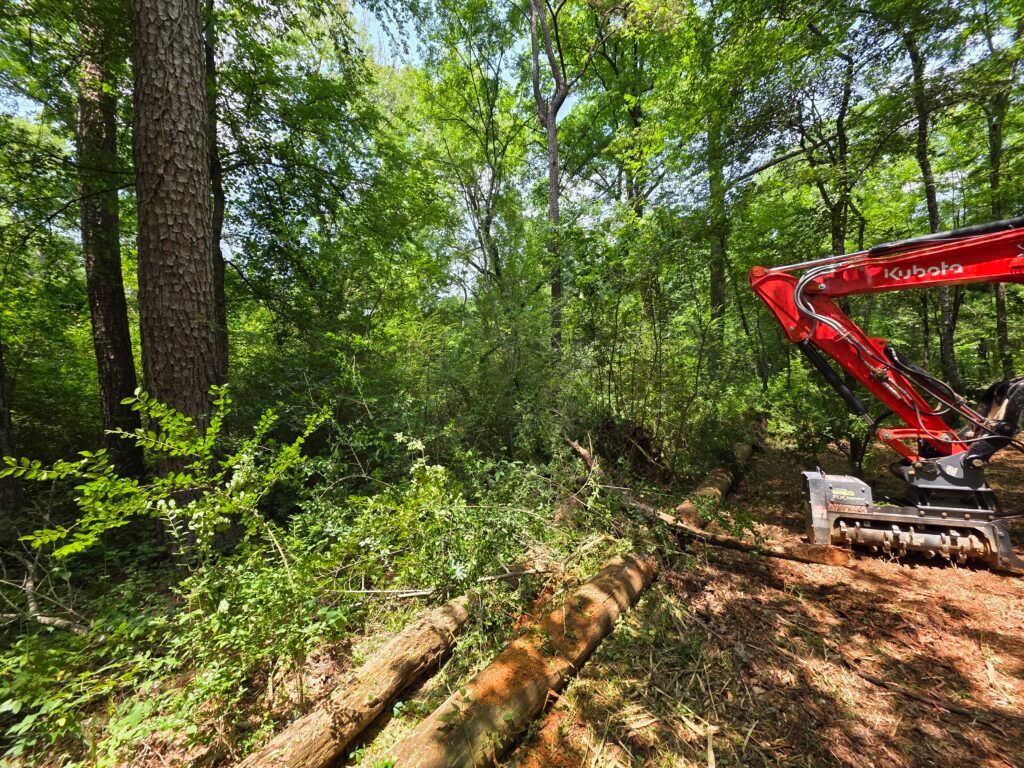 Red excavator on a dirt path beside fallen logs in a green forest clearing
