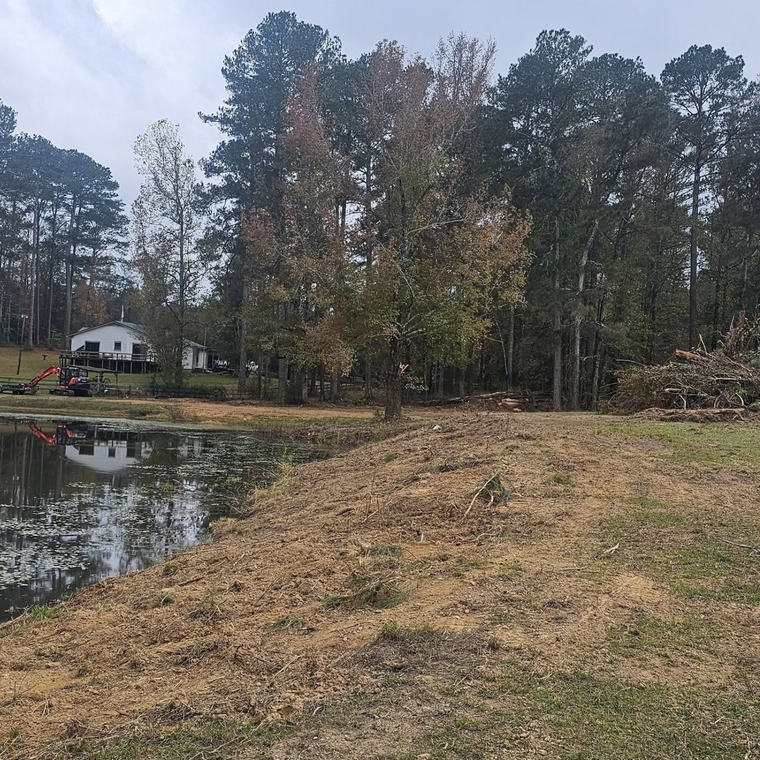 Grassy lakeside bank with trees and a small white house across the water on a cloudy day
