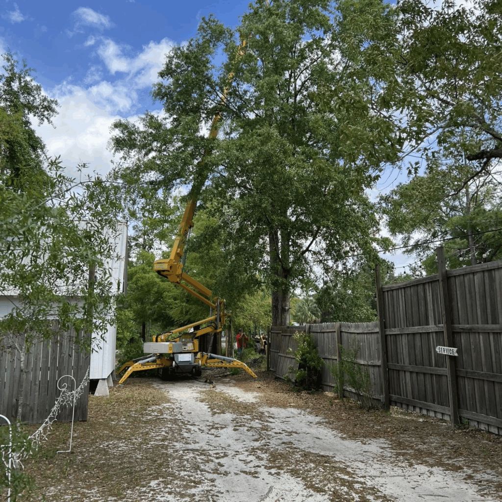 Yellow tree-trimming truck in a narrow backyard lane beside tall wooden fences and leafy trees under a cloudy sky