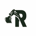 Black excavator silhouette integrated with a large letter R on a white background