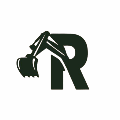 Black excavator silhouette integrated with a large letter R on a white background