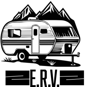 A black and white drawing of a trailer with mountains in the background.