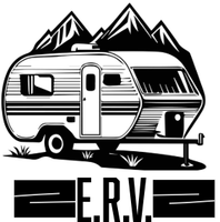 A black and white drawing of a trailer with mountains in the background.